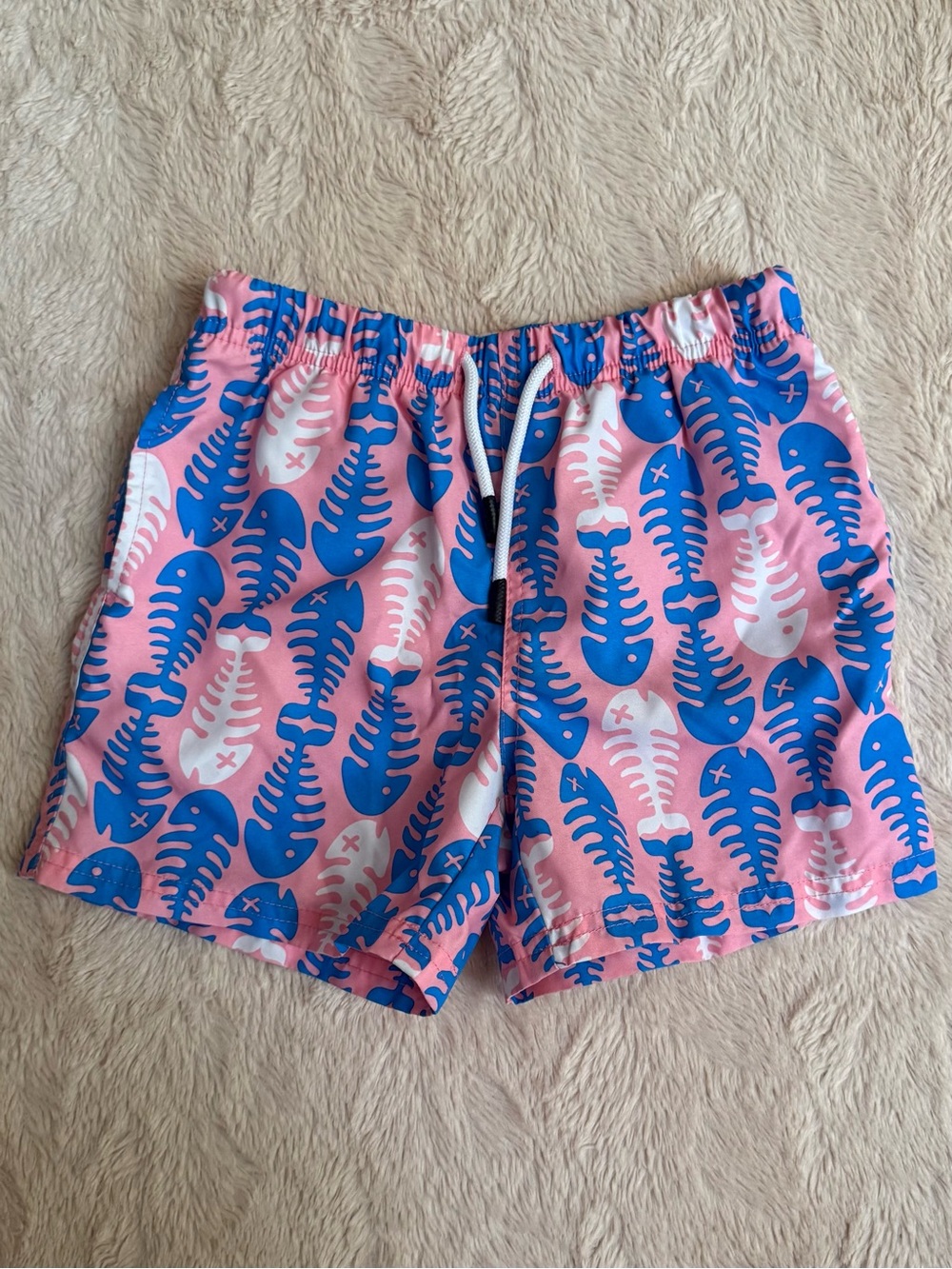 Kids Pink & Blue Fishbone Pattern Swim Trunks